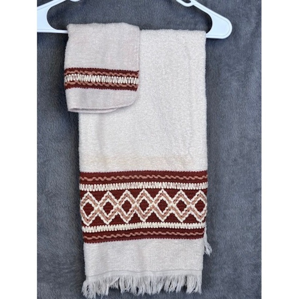 Vintage Cannon Monticello Beige Brown Hand‎ Towel Set Embroidered Trim